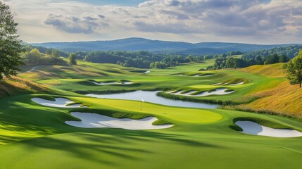 A panoramic view of a serene golf course amidst lush green hills, with a clear blue sky above