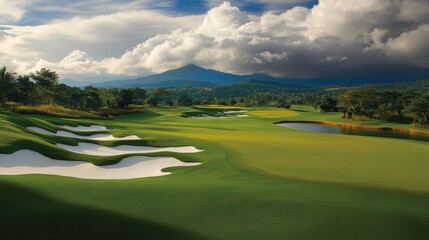 A picturesque golf course with lush green fairways, sand traps, and a scenic mountain backdrop. The sky is filled with dramatic clouds