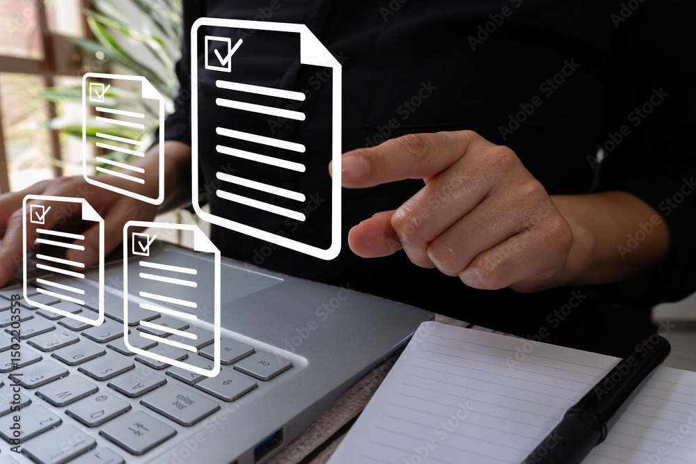 Poster a person touching an icon of a document, multiple documents floating around in the background with c