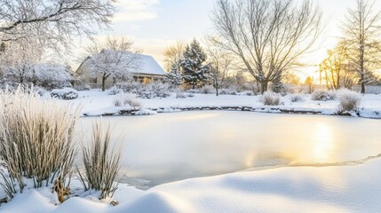A serene winter landscape, capturing a frozen pond and snow-covered house surrounded by trees, evokes a sense of tranquility