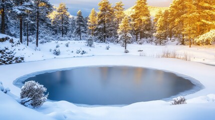 Frozen pond in snowy winter forest at sunrise 