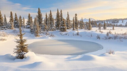 Frozen pond in a snowy landscape, surrounded by snow-covered evergreen trees under a clear sky.