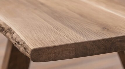 Close-up of a beautiful wooden table, showcasing the natural wood grain and texture. The table has a rustic edge and is perfect for a modern home