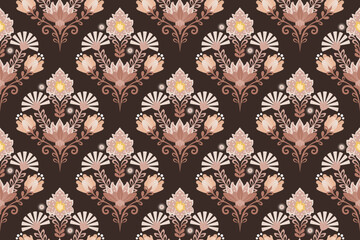 Seamless Ethnic Floral Design Inspired by Javanese Batik. Floral Pattern on Dark Brown Background. Ornate Botanical Textile Repeat Pattern. Vintage Inspired Flower Motif. Exotic Floral Tapestry Design