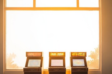 Row of vintage arcade game machines lit by bright natural light