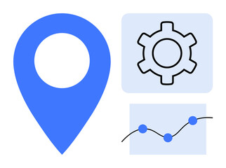 Blue location marker, gear icon, and line graph with data points. Ideal for navigation, data analysis, strategy, optimization, progress tracking, technology and simple landing page