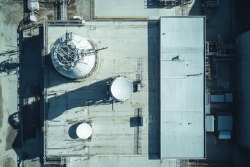Aerial view of industrial facility featuring storage tanks and roof structures