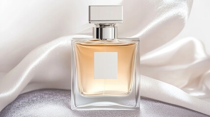 A captivating perfume bottle on a luxurious, flowing fabric, exuding elegance and sophistication. The bottle features a minimalist design, reflecting a sense of refined beauty