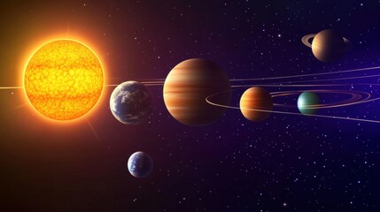 A vibrant and detailed illustration of the solar system, showcasing the sun and planets in their orbits against a star-filled background. The image depicts the solar system.