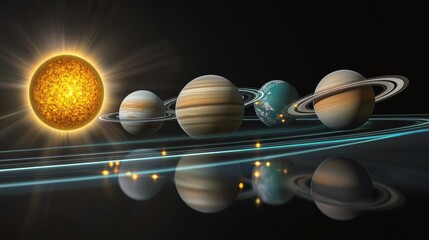 An artistic rendition of the solar system, highlighting the sun and various planets in orbit