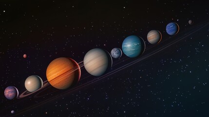 Solar system planets aligned in a row, showcasing their unique colors and sizes against a backdrop of stars