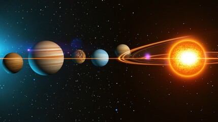 Solar system planets aligned in a row with the sun in the background. The planets are shown in their relative sizes and distances from the sun. The background is a dark space with stars