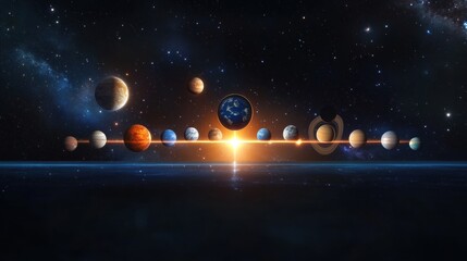 An awe-inspiring illustration showcasing the planets of our solar system, elegantly arranged against a backdrop of stars