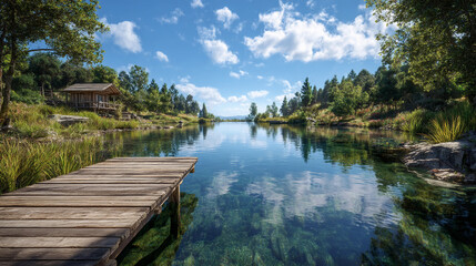 Calm lake view with wooden pier under a bright blue sky