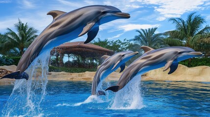 Captivating view of dolphins gracefully leaping out of the water, showcasing their playful and energetic nature. These beautiful marine mammals create a mesmerizing display of movement and freedom