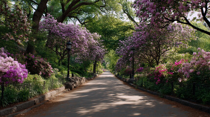 Blossoming flowers create a vibrant path in a serene park setting