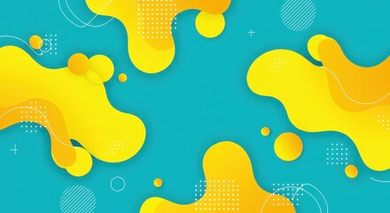 Fototapeta premium Abstract liquid background with yellow fluid shapes, modern turquoise geometric backdrop, vibrant organic wave pattern for digital marketing