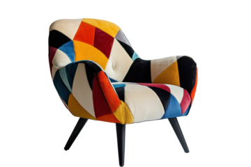 A vibrant, mid-century modern armchair with a patchwork design featuring geometric shapes in bold colors; black legs