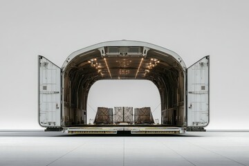Open cargo bay of a large aircraft showcasing interior structure and capacity