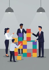 Fototapeta premium Business teamwork and strategy illustration, diverse professional team building a structure with colorful blocks, corporate collaboration concept