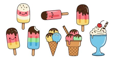 Assorted ice cream and sundae cartoon illustrations on white background