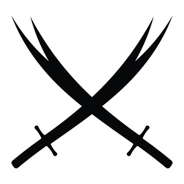 Crossed Zulfiqar swords vector icon. Islamic historical symbol used in battle flags, religious emblems, or fantasy designs. Black silhouette isolated on white background.