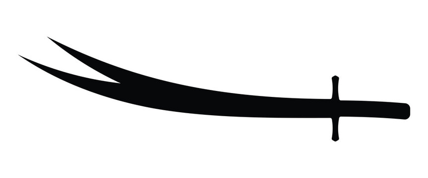 Zulfiqar sword vector icon. Islamic historical and religious symbol known for its split tip blade. Used in emblems, flags, or fantasy design. Black silhouette isolated on white background.