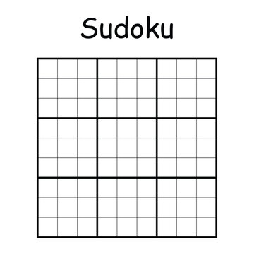 Blank 9x9 Sudoku grid vector template. Logic puzzle layout for brain training, printable games, or educational use. Black outline illustration isolated on white background.