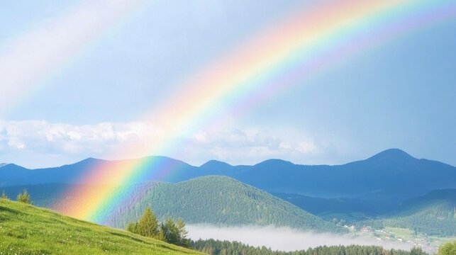 A vibrant rainbow arcs over a scenic landscape of rolling hills and lush greenery