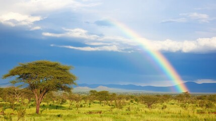 A scenic landscape features a full rainbow arching across a vast sky over the serene landscape