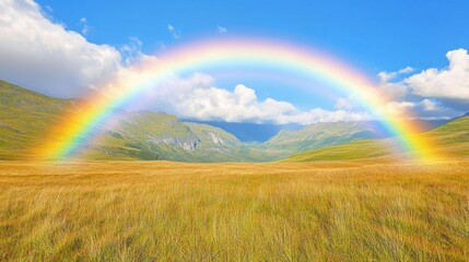 Naklejka premium A vibrant rainbow arches across a scenic landscape with rolling hills under a bright blue sky. The scene evokes a sense of hope, wonder, and natural beauty.