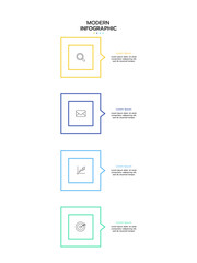 Infographic template featuring four vertical, connected squares with a gradient outline from yellow to green. Each square contains a thin line icon and adjacent placeholder text. Vector illustration.