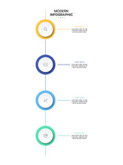 Timeline infographic template featuring four vertical, connected circles with a gradient outline from light green to blue, pointing downwards with an arrow. Each circle contains a thin line icon.