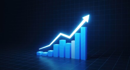 Glowing blue 3D business growth chart with arrow showing financial success and data increase.
