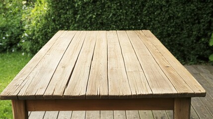 A rustic wooden table in the garden. Perfect for outdoor dining or hosting events