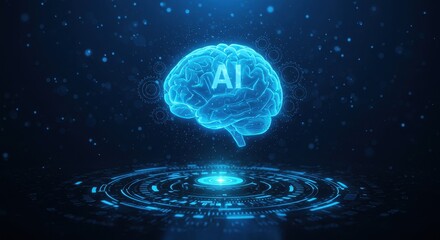 Artificial Intelligence AI brain digital hologram concept on futuristic blue technology background