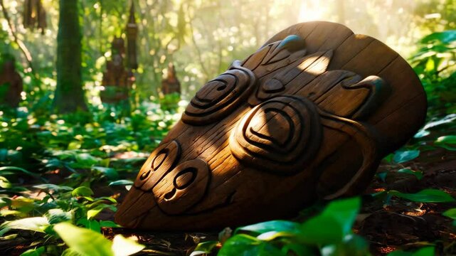 Ornate wood tribal mask artwork lying on the ground in lush jungle environment with ancient tiki statues, carvings and sunshine.