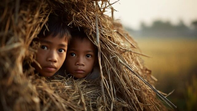 Curious children peering out from a haystack in a golden field at sunset, capturing innocence and wonder