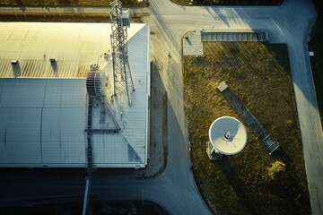 Aerial view of industrial building and satellite dish during daylight