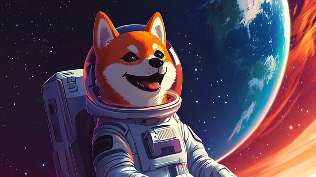 A joyful dog in an astronaut suit amidst the cosmos.