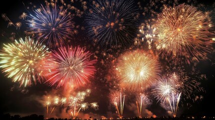 Fototapeta premium A dazzling fireworks display illuminating the night sky with vibrant colors. The explosions create beautiful patterns and shapes in the darkness