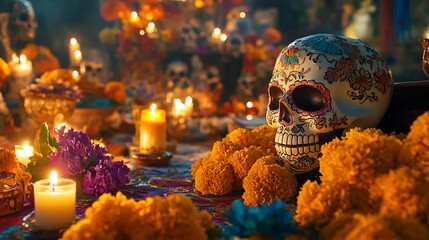 Colorful skull decoration surrounded by candles and flowers.