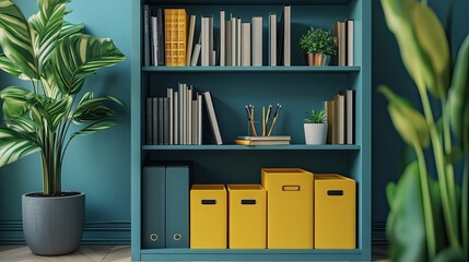 Harmonious home office setup with a teal bookcase filled with books plants and bright yellow boxes