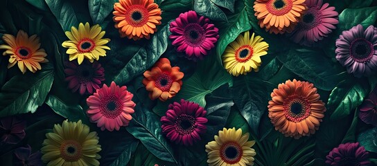 Vibrant flowers and tropical leaves