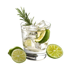Refreshing gin and tonic cocktail with lime and rosemary isolated on transparent background