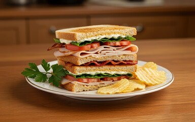 Delectable Triple-Decker Club Sandwich, layered with turkey, bacon, lettuce, tomato, and mayo, served with crispy potato chips.
