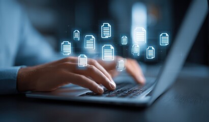 Close-up of hands typing on a laptop, with glowing document icons floating above, suggesting digital document management or cloud storage