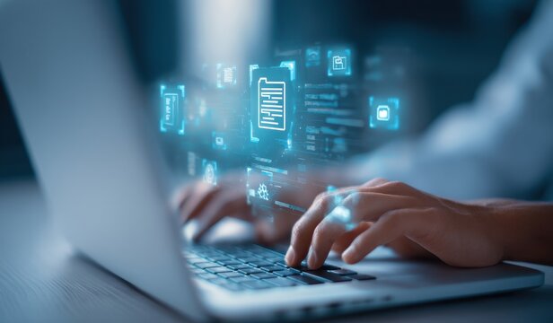 Close-up of hands typing on laptop,  glowing digital document icons floating above