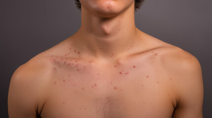 Naklejka premium Chest acne skin condition on young man close up