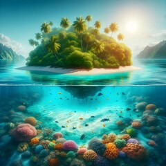 Colorful tropical island landscape with coral reef, fish under water and warm sun above, side space for message included